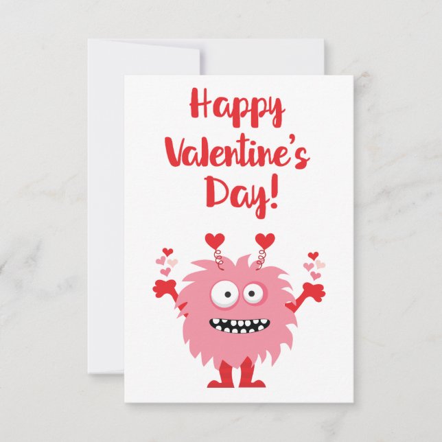 Cute Happy Valentine's Day Pink Cartoon Monster Note Card (Front)