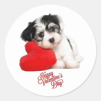 Cute Happy Valentine's Day Puppy Classic Round Sticker by paul68 at Zazzle