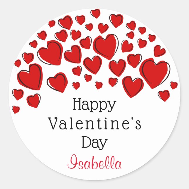 Cute Happy Valentine's Day Red Hearts Personalized Classic Round Sticker (Front)