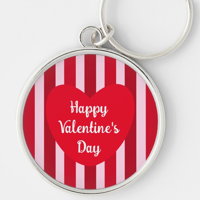 Cute Happy Valentine's Day Red Striped Simple Keychain (Front)