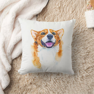 Cute Happy Watercolor Corgi Dog Personalized Throw Pillow