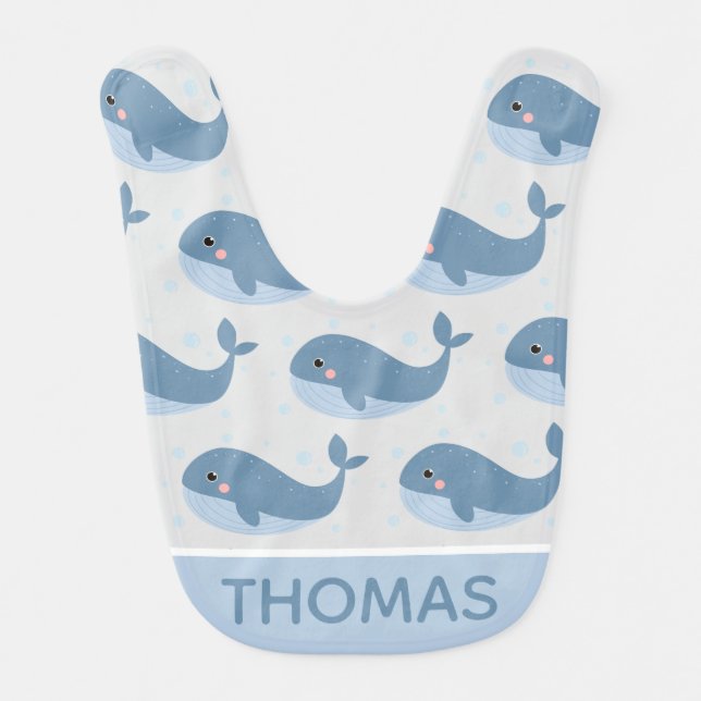 Cute Happy Whale Pattern Blue Personalised Baby Bib (Front)