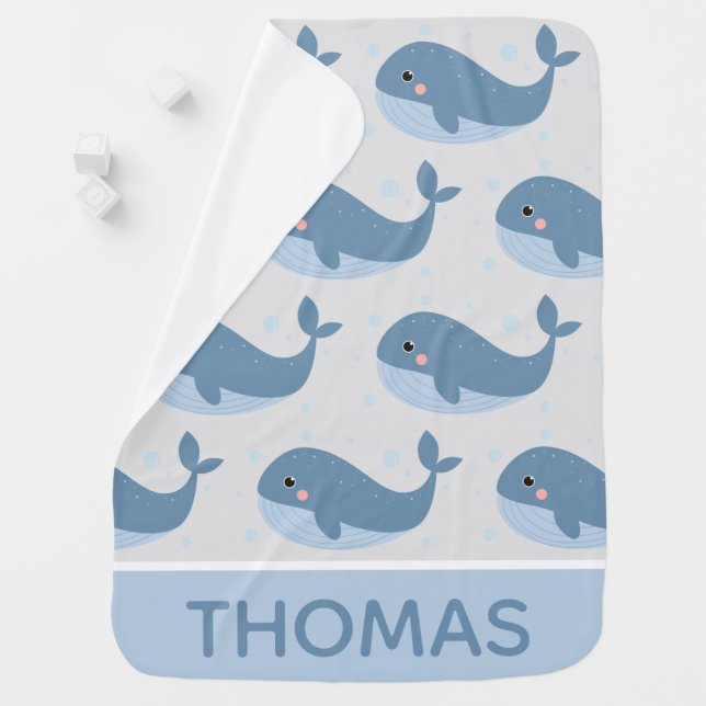 Cute Happy Whale Pattern Blue Personalised Baby Blanket (In Situ)