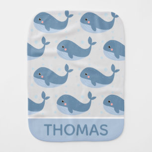 Cute Happy Whale Pattern Blue Personalised Baby Burp Cloth