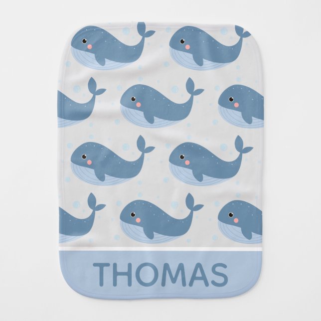 Cute Happy Whale Pattern Blue Personalised Baby Burp Cloth (Front)