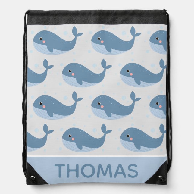 Cute Happy Whale Pattern Blue Personalised Drawstring Bag (Front)