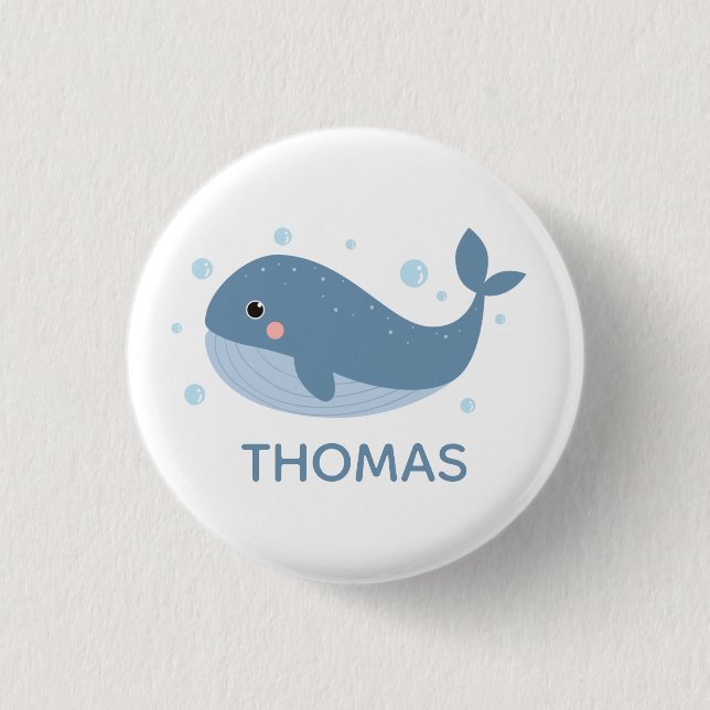 Cute Happy Whale Personalised Button (Front)