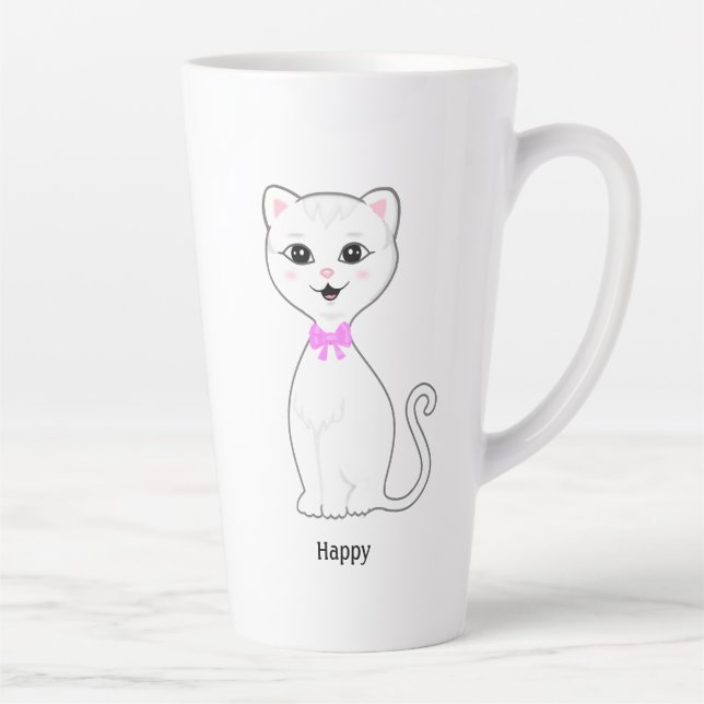 Cute Happy White Cat Cartoon Latte Mug (Right)