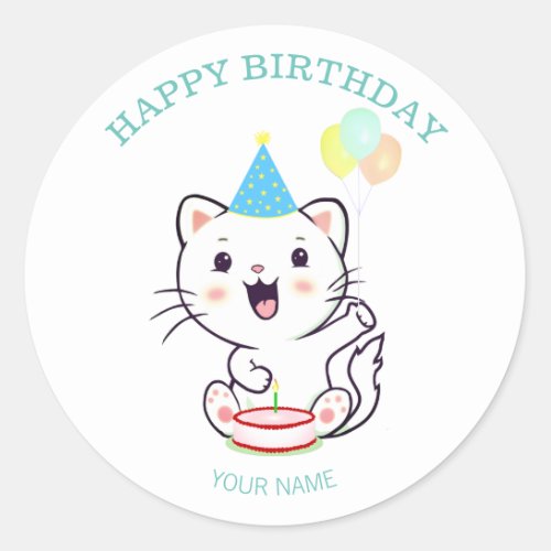 Cute Happy White Cat with Balloons Birthday  Classic Round Sticker