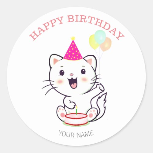 Cute Happy White Cat with Balloons Birthday Classic Round Sticker