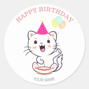 Cute Happy White Cat with Balloons Birthday Classic Round Sticker