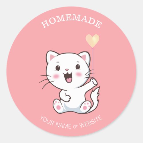 Cute Happy White Cat with Heart Balloon Homemade C Classic Round Sticker