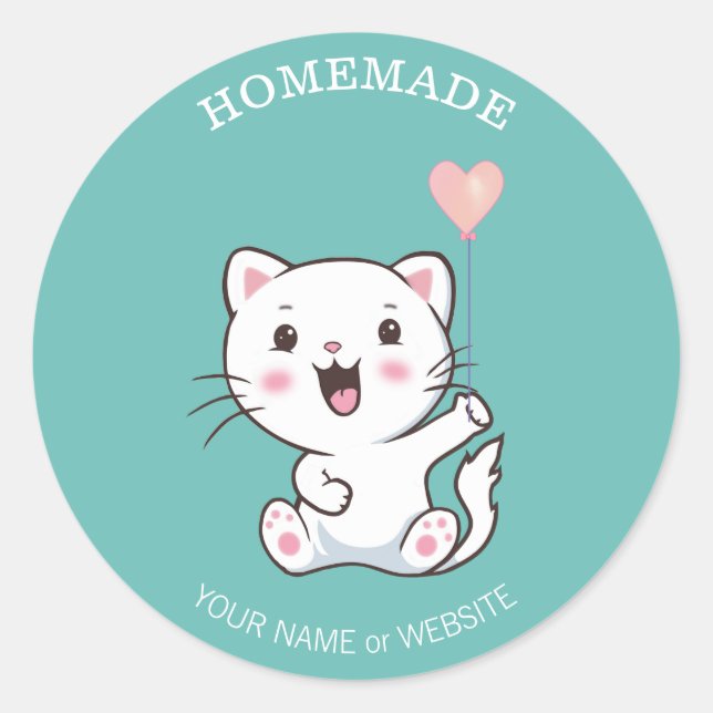 Cute Happy White Cat with Heart Balloon Homemade Classic Round Sticker (Front)