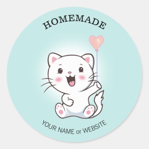 Cute Happy White Cat with Heart Balloon Homemade Classic Round Sticker
