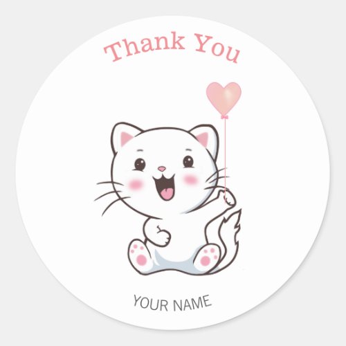 Cute Happy White Cat with Heart Balloon Thank You  Classic Round Sticker