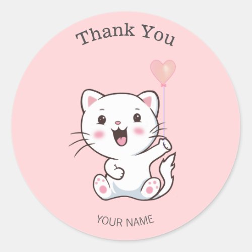 Cute Happy White Cat with Heart Balloon Thank You Classic Round Sticker