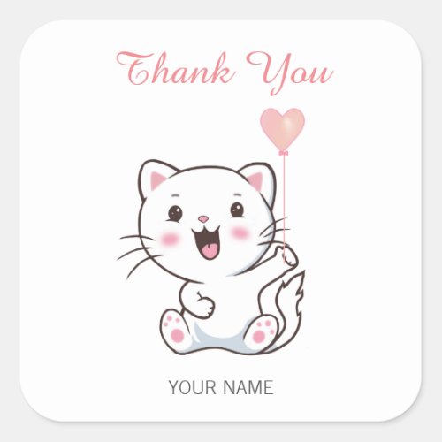 Cute Happy White Cat with Heart Balloon Thank You Square Sticker
