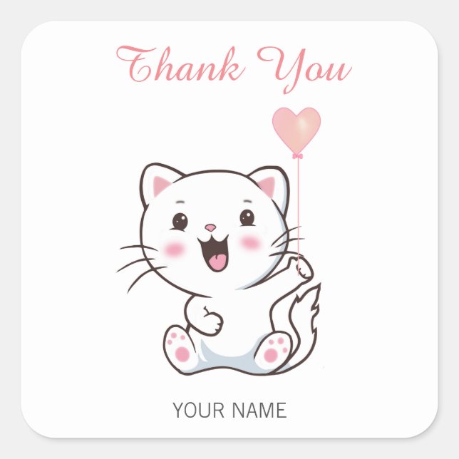 Cute Happy White Cat with Heart Balloon Thank You Square Sticker (Front)