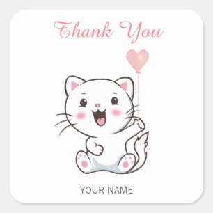 Cute Happy White Cat with Heart Balloon Thank You Square Sticker