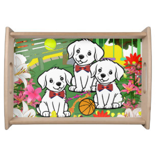 Cute Happy White Dogs In Park With Flowers & Ball  Serving Tray