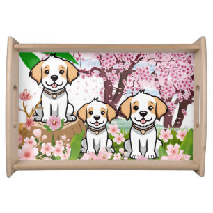 Cute Happy White Dogs Pink Cherry Blossom Flowers Serving Tray