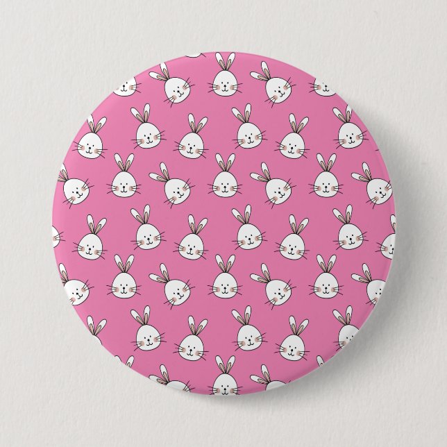 Cute Happy White Easter Bunny on Pink Button (Front)