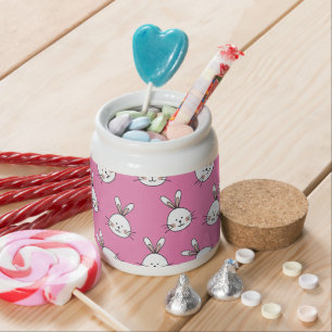 Cute Happy White Easter Bunny on Pink Candy Jar