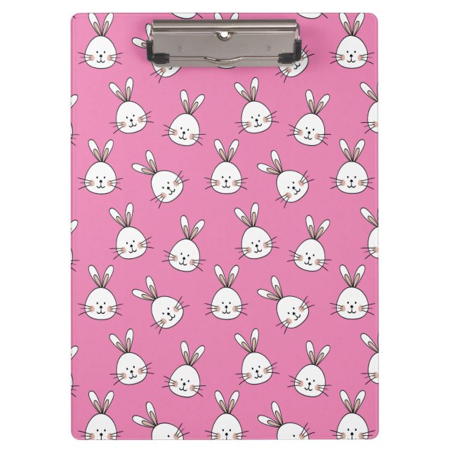 Cute Happy White Easter Bunny on Pink Clipboard (Front)