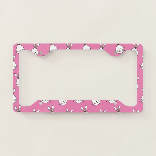 Cute Happy White Easter Bunny on Pink License Plate Frame