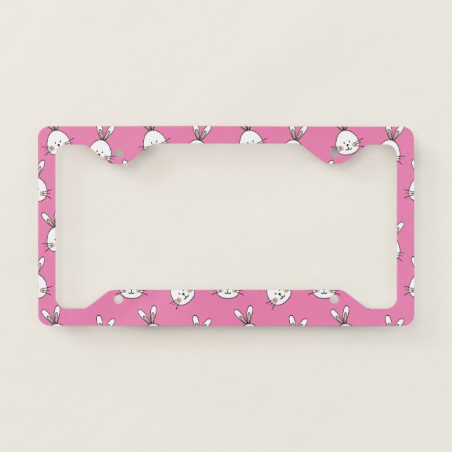 Cute Happy White Easter Bunny on Pink License Plate Frame (Front)