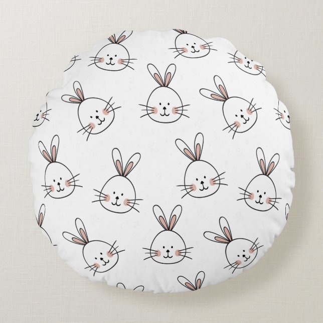 Cute Happy White Easter Bunny Round Pillow (Front)