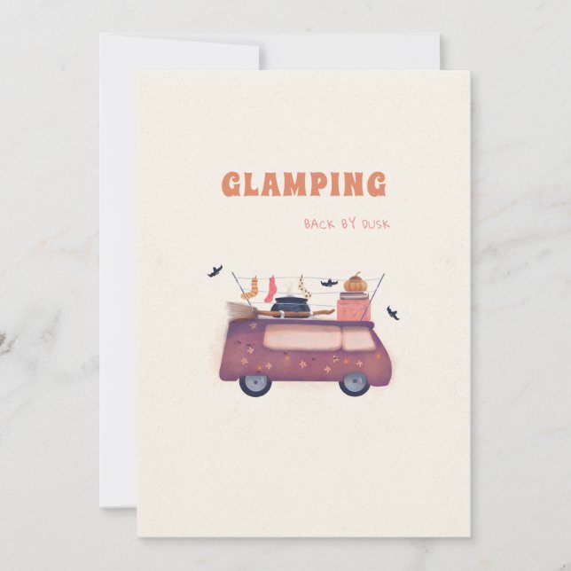 Cute Happy Witch Glamping Pumpkin Bus Halloween Holiday Card (Front)