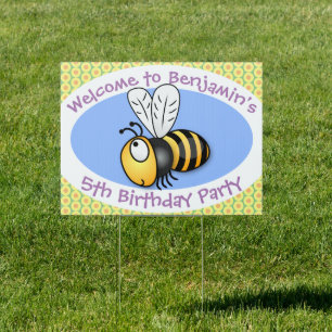 Cute happy yellow bee cartoon illustration sign