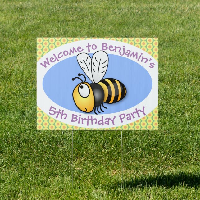 Cute happy yellow bee cartoon illustration sign (Insitu)