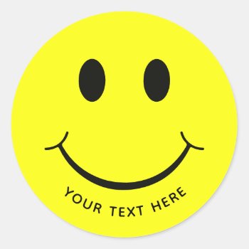 Cute Happy Yellow Face Add Text | Bottom Classic Round Sticker by ironydesigns at Zazzle