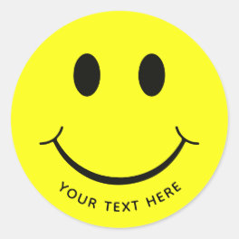 Cute Happy Yellow Face Add Text Bottom Classic Round Sticker