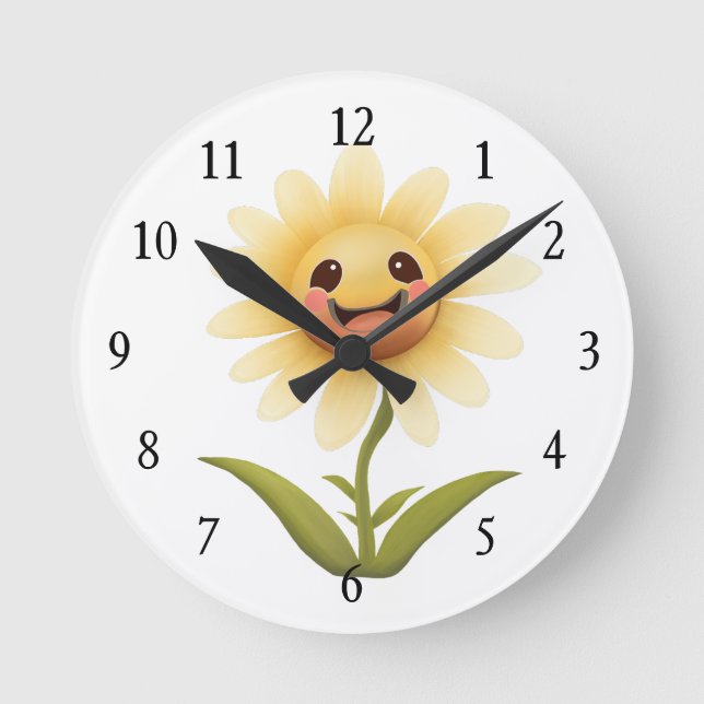 Cute Happy Yellow Flower Round Clock (Front)