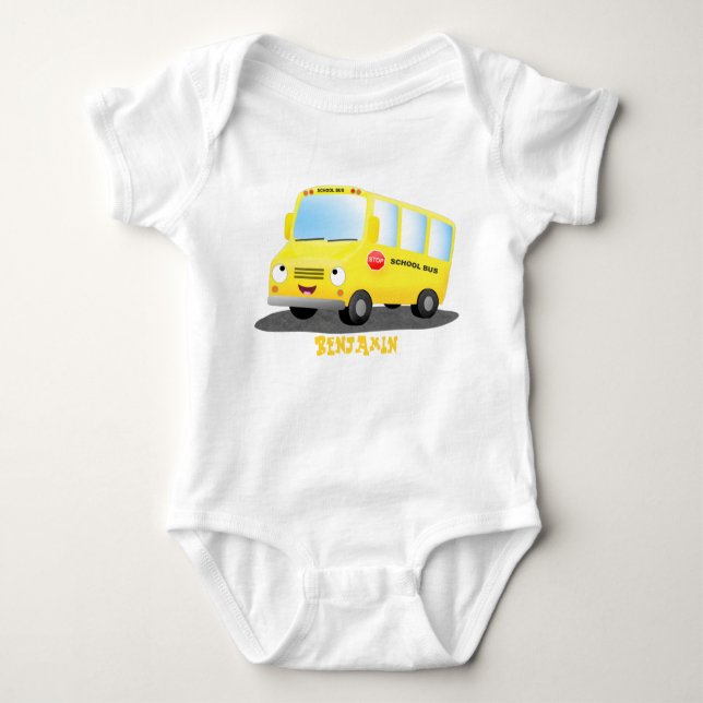 Cute happy yellow school bus cartoon baby bodysuit (Front)