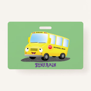 Cute happy yellow school bus cartoon badge