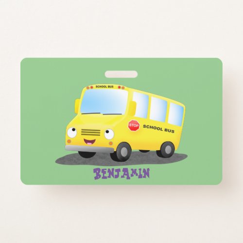 Cute happy yellow school bus cartoon  badge