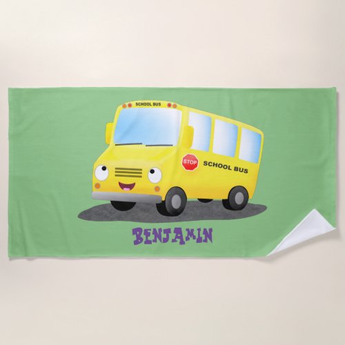 Cute happy yellow school bus cartoon beach towel