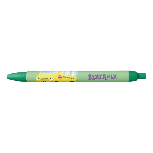 Cute happy yellow school bus cartoon  black ink pen