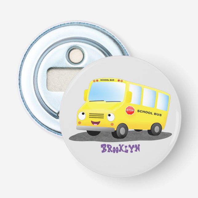 Cute happy yellow school bus cartoon bottle opener (Front)
