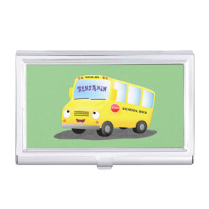 Cute happy yellow school bus cartoon business card case