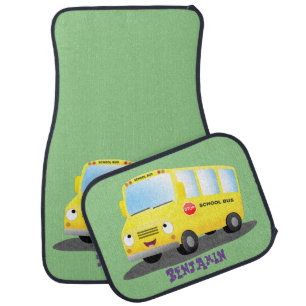 Cute happy yellow school bus cartoon car floor mat