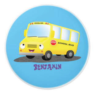 Cute happy yellow school bus cartoon ceramic knob