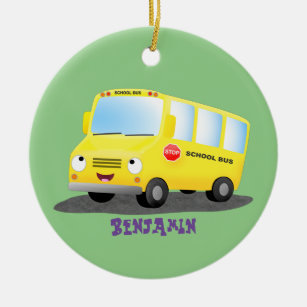 Cute happy yellow school bus cartoon ceramic ornament