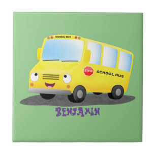 Cute happy yellow school bus cartoon ceramic tile