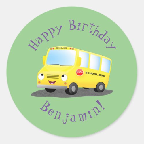 Cute happy yellow school bus cartoon classic round sticker