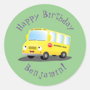 Cute happy yellow school bus cartoon classic round sticker